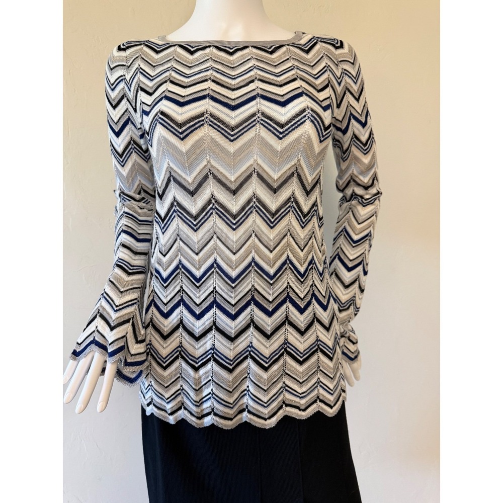 White House Black Market Zigzag Date Dolman Top Blue Ecru Metallic‎ XS New